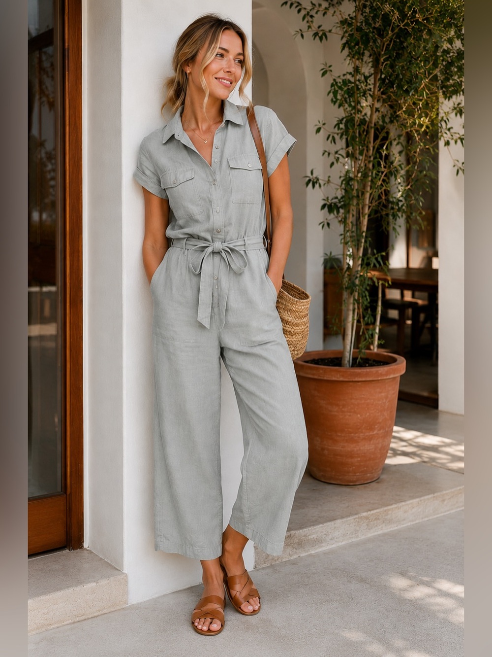 NWT Bella Dahl Grey Green 100% Linen Seamed Utility Jumpsuit Size S (ptp 17-8”)